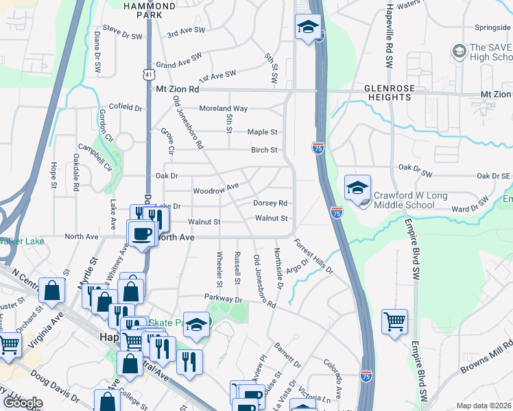 map of restaurants, bars, coffee shops, grocery stores, and more near 421 Lake Drive in Hapeville
