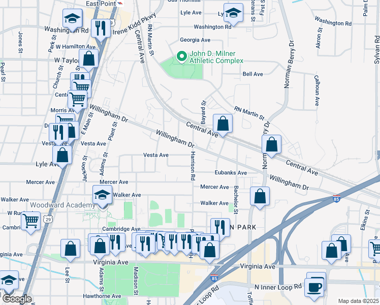 map of restaurants, bars, coffee shops, grocery stores, and more near 1402 Willingham Drive in Atlanta