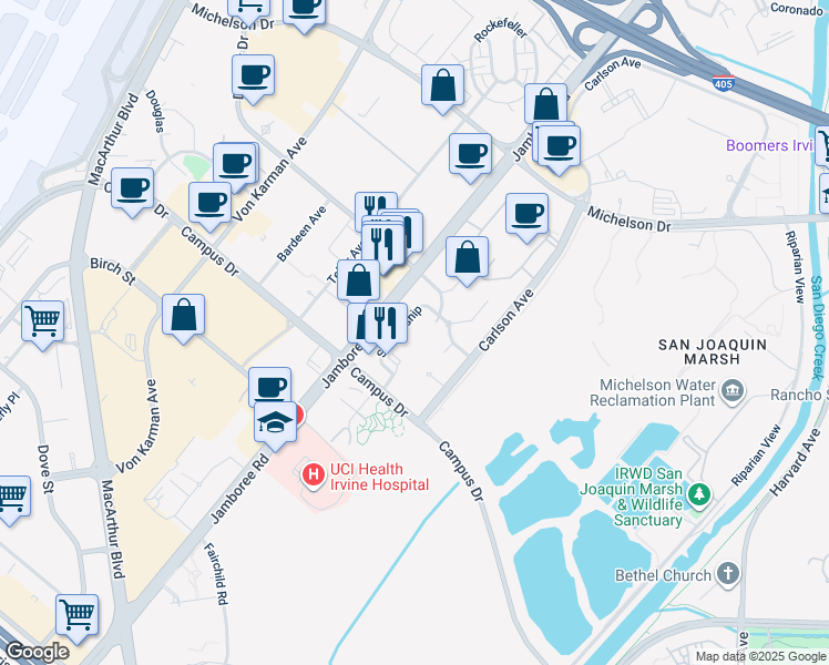 map of restaurants, bars, coffee shops, grocery stores, and more near 2380 Scholarship in Irvine