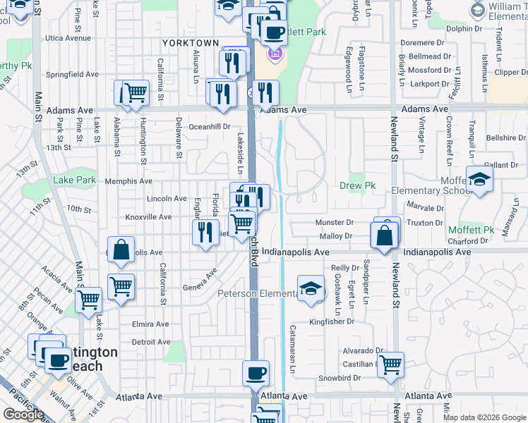map of restaurants, bars, coffee shops, grocery stores, and more near 20371 Bluffside Circle in Huntington Beach
