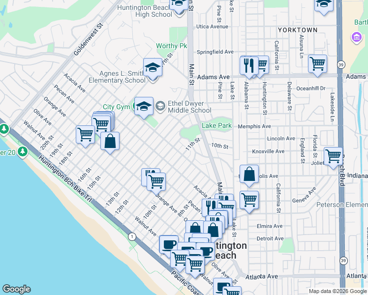 map of restaurants, bars, coffee shops, grocery stores, and more near 411 Crest Avenue in Huntington Beach