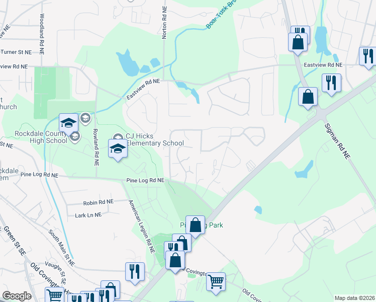 map of restaurants, bars, coffee shops, grocery stores, and more near 1469 Big Bear Cove Northeast in Conyers