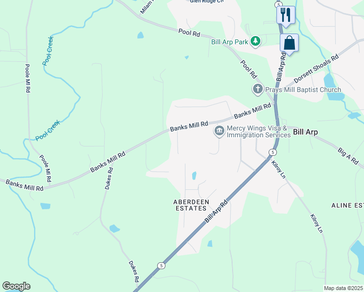 map of restaurants, bars, coffee shops, grocery stores, and more near 7307 Banks Mill Road in Douglasville