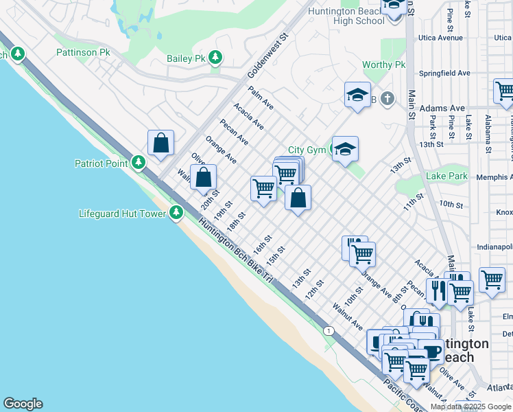 map of restaurants, bars, coffee shops, grocery stores, and more near 302 18th Street in Huntington Beach