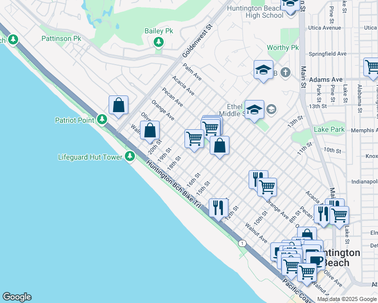 map of restaurants, bars, coffee shops, grocery stores, and more near 302 18th Street in Huntington Beach