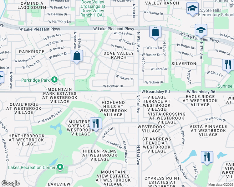 map of restaurants, bars, coffee shops, grocery stores, and more near 20056 North 91st Lane in Peoria