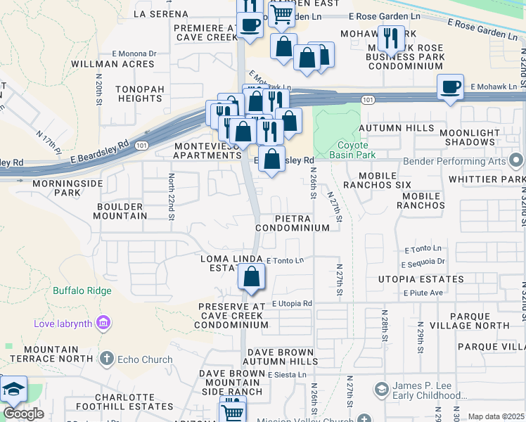 map of restaurants, bars, coffee shops, grocery stores, and more near 2510 East Marco Polo Road in Phoenix