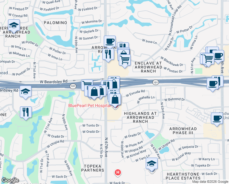 map of restaurants, bars, coffee shops, grocery stores, and more near 6685 West Beardsley Road in Glendale