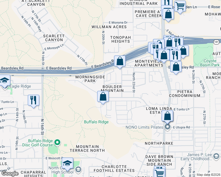 map of restaurants, bars, coffee shops, grocery stores, and more near 2039 East Escuda Road in Phoenix