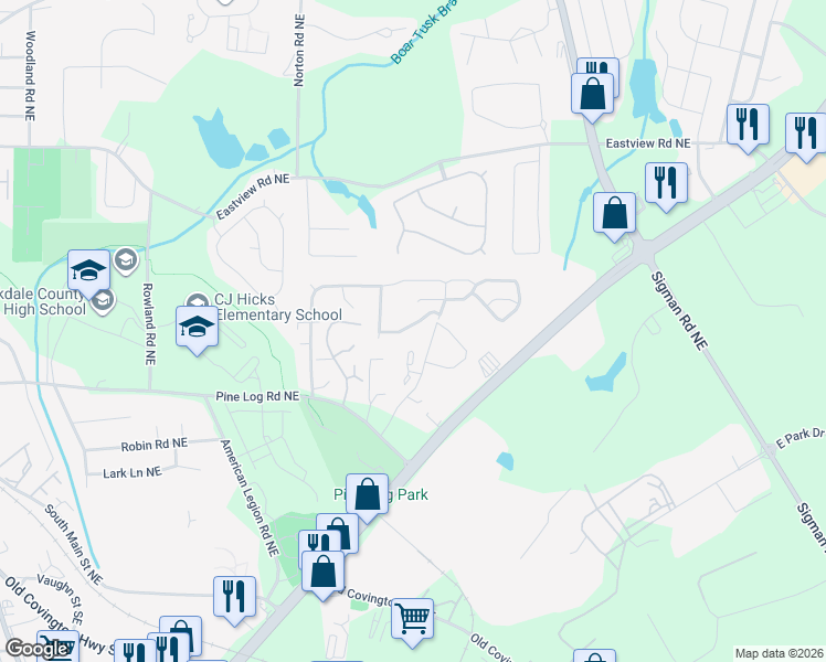 map of restaurants, bars, coffee shops, grocery stores, and more near 1057 Wedgewood Court Northeast in Conyers