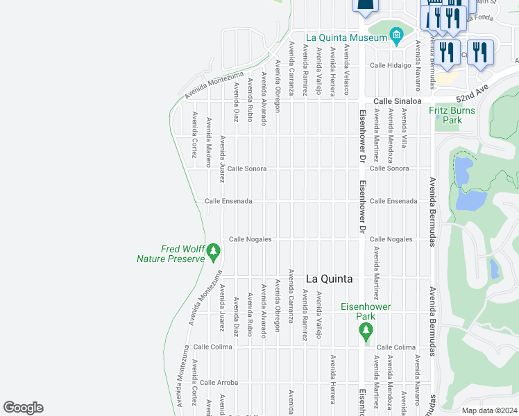 map of restaurants, bars, coffee shops, grocery stores, and more near 52525 Avenue Alvarado in La Quinta