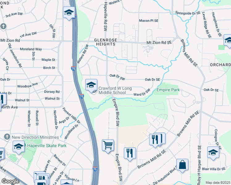 map of restaurants, bars, coffee shops, grocery stores, and more near 3215 Pennington Circle Southwest in Atlanta
