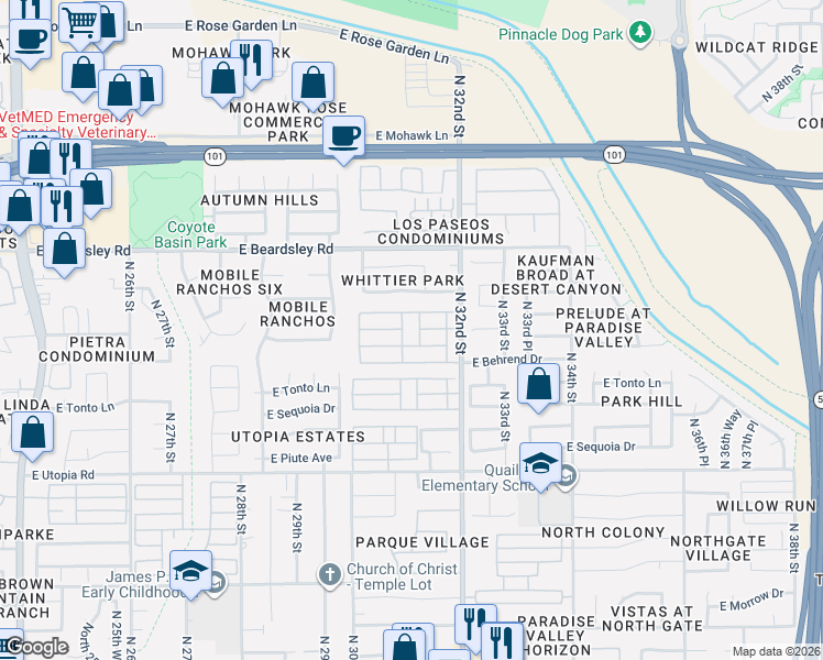 map of restaurants, bars, coffee shops, grocery stores, and more near 19802 North 32nd Street in Phoenix