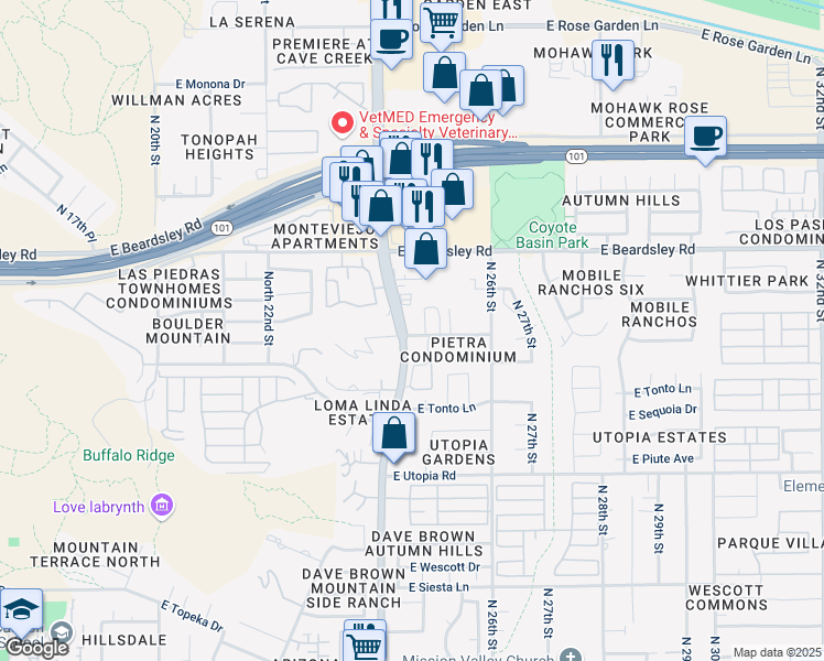 map of restaurants, bars, coffee shops, grocery stores, and more near 2510 East Marco Polo Road in Phoenix