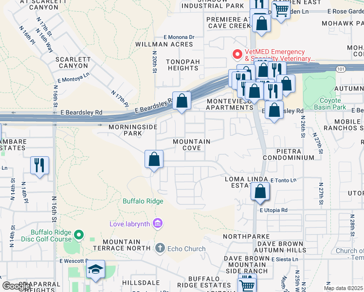 map of restaurants, bars, coffee shops, grocery stores, and more near 2039 East Escuda Road in Phoenix