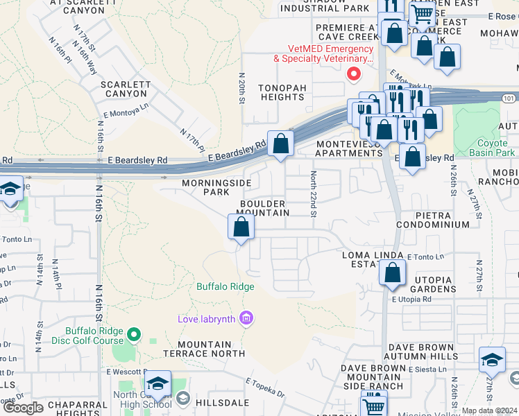 map of restaurants, bars, coffee shops, grocery stores, and more near 2039 East Escuda Road in Phoenix