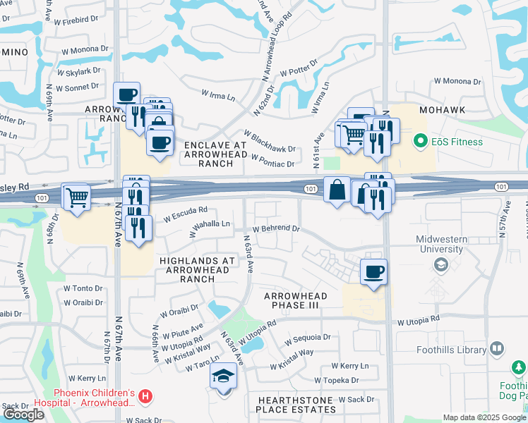 map of restaurants, bars, coffee shops, grocery stores, and more near 6234 West Behrend Drive in Glendale