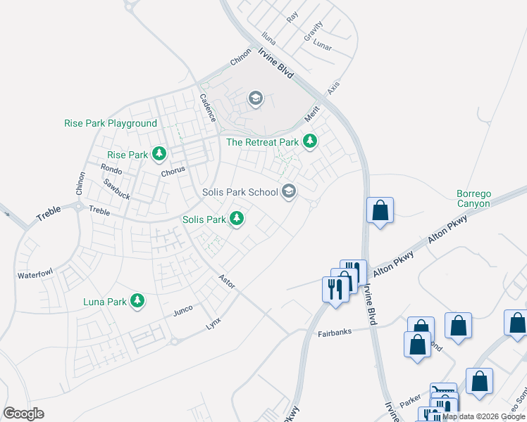 map of restaurants, bars, coffee shops, grocery stores, and more near 8501-8509 Perimeter Road in Irvine