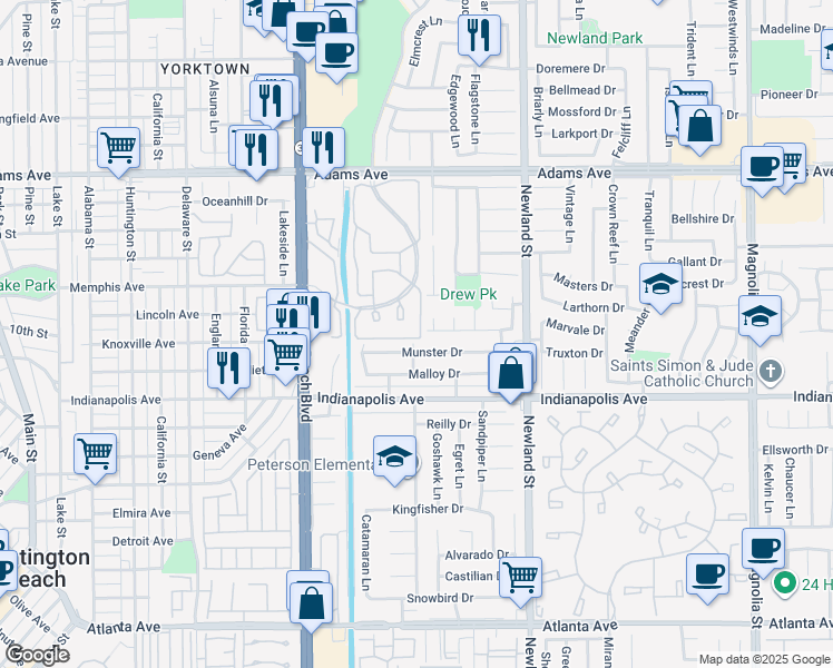 map of restaurants, bars, coffee shops, grocery stores, and more near 20325 Seabright Lane in Huntington Beach