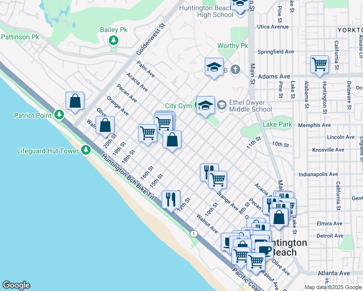 map of restaurants, bars, coffee shops, grocery stores, and more near 502 16th Street in Huntington Beach