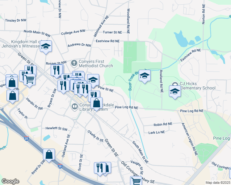 map of restaurants, bars, coffee shops, grocery stores, and more near 1064 South Pine Street Northeast in Conyers