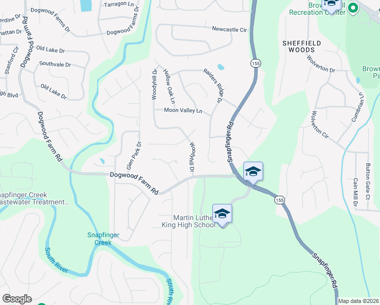 map of restaurants, bars, coffee shops, grocery stores, and more near 3877 Woodyhill Drive in Stonecrest