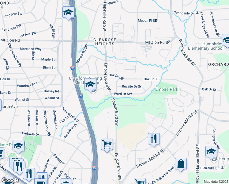 map of restaurants, bars, coffee shops, grocery stores, and more near 3215 Pennington Circle Southwest in Atlanta