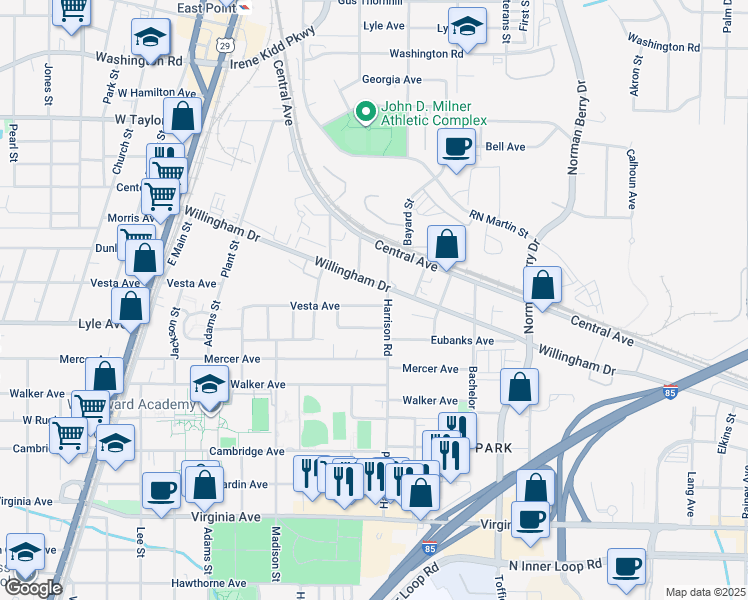 map of restaurants, bars, coffee shops, grocery stores, and more near 1402 Willingham Drive in Atlanta