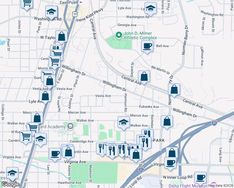 map of restaurants, bars, coffee shops, grocery stores, and more near 1402 Willingham Drive in Atlanta