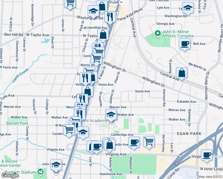 map of restaurants, bars, coffee shops, grocery stores, and more near 3241 Adams Street in Atlanta