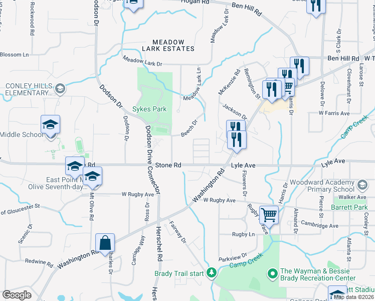 map of restaurants, bars, coffee shops, grocery stores, and more near 3206 Beech Drive in East Point