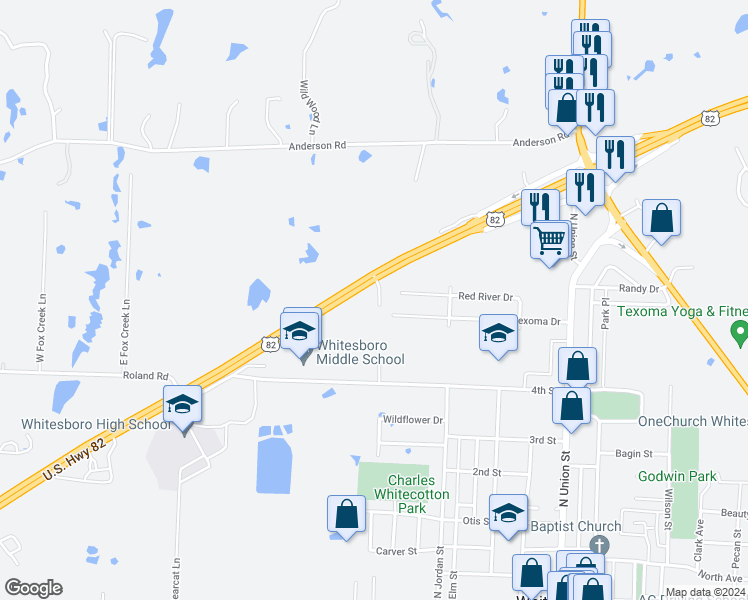 map of restaurants, bars, coffee shops, grocery stores, and more near 2000 U.S. 82 in Whitesboro