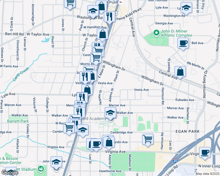 map of restaurants, bars, coffee shops, grocery stores, and more near 3241 Adams Street in Atlanta