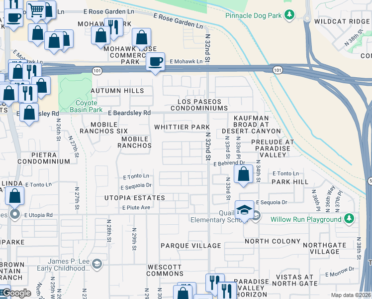map of restaurants, bars, coffee shops, grocery stores, and more near 19802 North 32nd Street in Phoenix