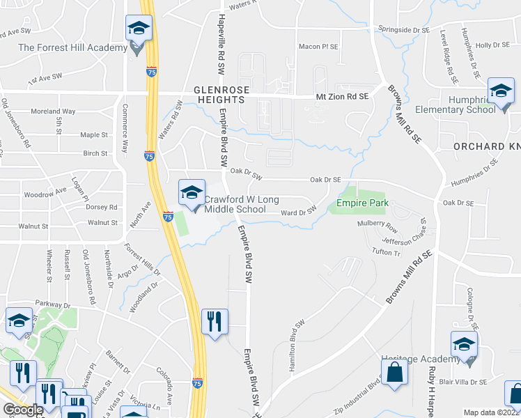 map of restaurants, bars, coffee shops, grocery stores, and more near 3339 Ward Drive Southwest in Atlanta