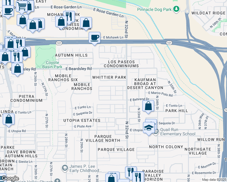 map of restaurants, bars, coffee shops, grocery stores, and more near 19802 North 32nd Street in Phoenix