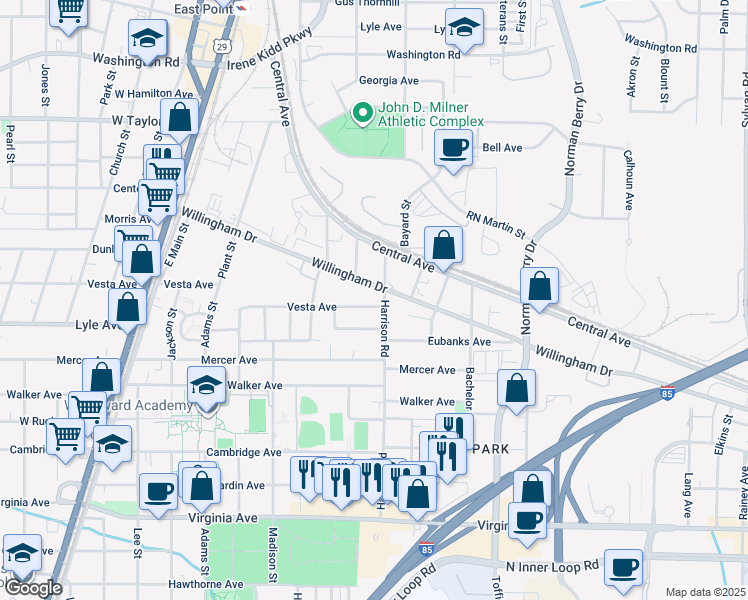 map of restaurants, bars, coffee shops, grocery stores, and more near 1401 Vesta Avenue in Atlanta