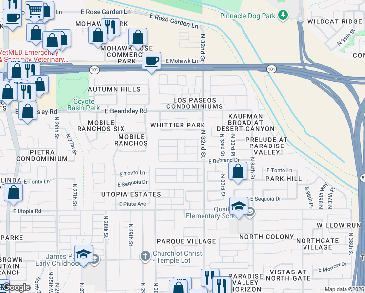map of restaurants, bars, coffee shops, grocery stores, and more near 19802 North 32nd Street in Phoenix