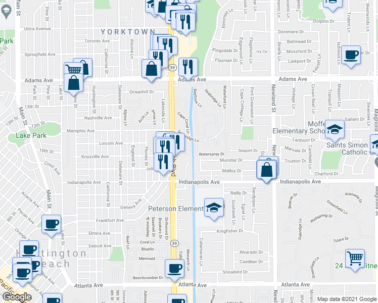 map of restaurants, bars, coffee shops, grocery stores, and more near 20362 Bridgeside Lane in Huntington Beach