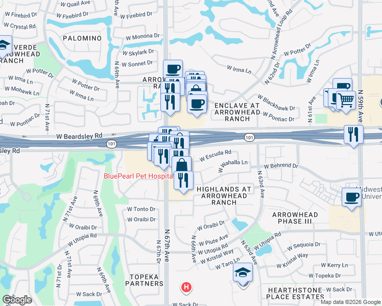 map of restaurants, bars, coffee shops, grocery stores, and more near 6685 West Beardsley Road in Glendale