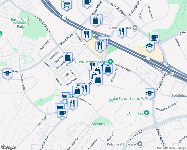 map of restaurants, bars, coffee shops, grocery stores, and more near 20331 Lake Forest Drive in Lake Forest