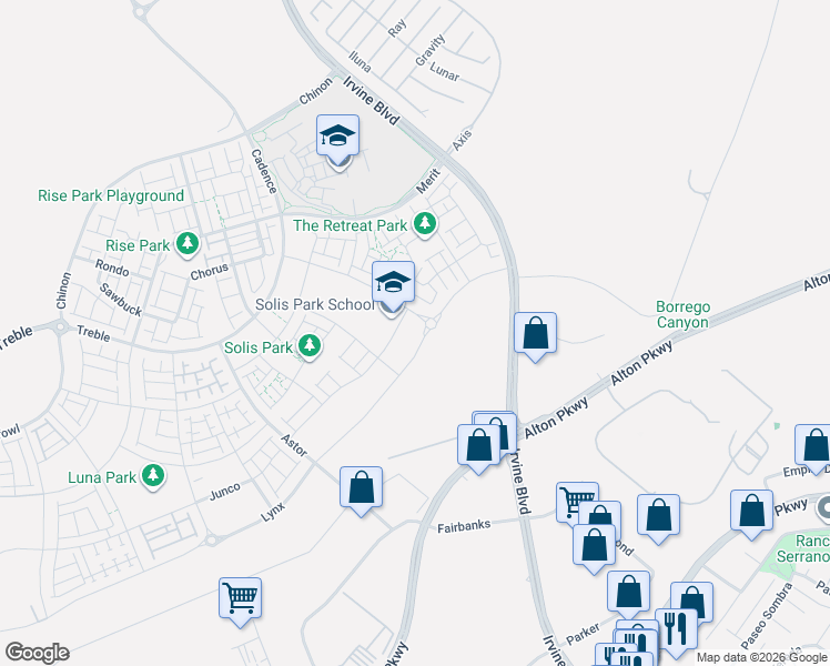 map of restaurants, bars, coffee shops, grocery stores, and more near 285 Lynx in Irvine