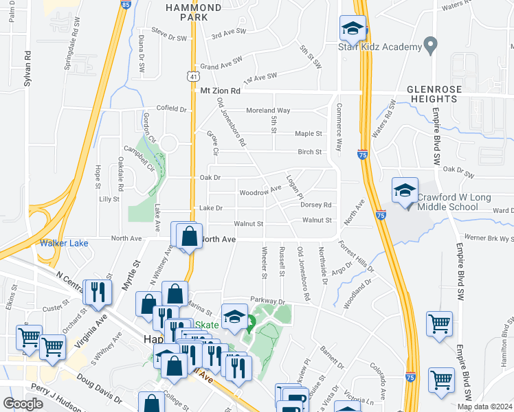map of restaurants, bars, coffee shops, grocery stores, and more near 475 Lake Drive in Hapeville