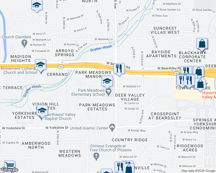 map of restaurants, bars, coffee shops, grocery stores, and more near 20012 North 35th Avenue in Glendale