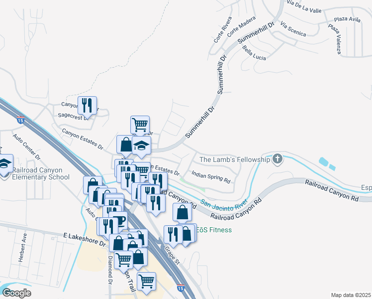 map of restaurants, bars, coffee shops, grocery stores, and more near 31661 Canyon Ridge Drive in Lake Elsinore