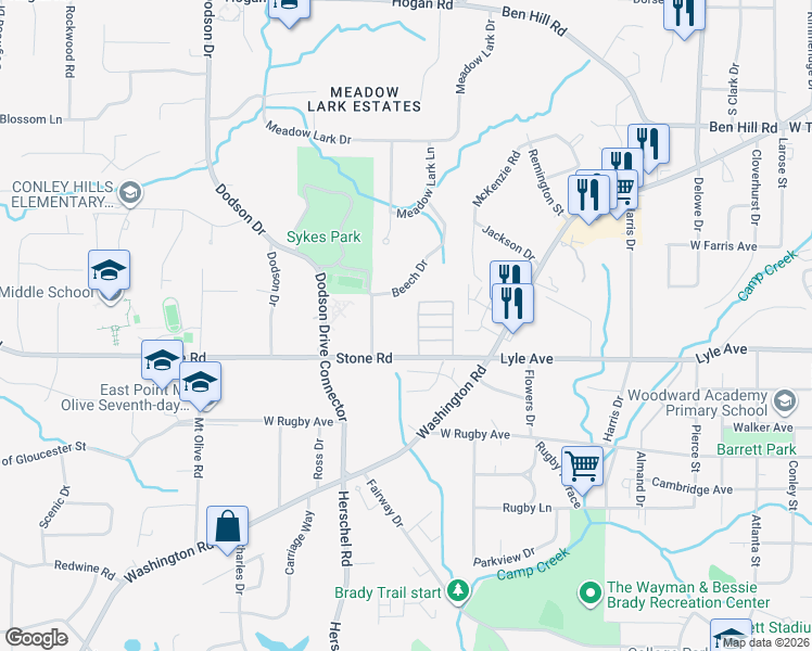 map of restaurants, bars, coffee shops, grocery stores, and more near 3206 Beech Drive in East Point