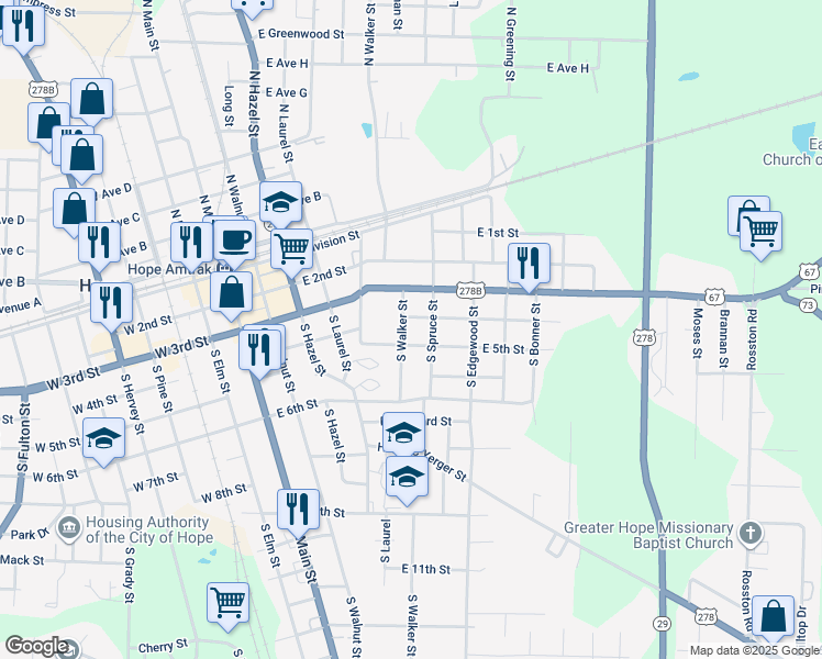 map of restaurants, bars, coffee shops, grocery stores, and more near 601-699 East 4th Street in Hope