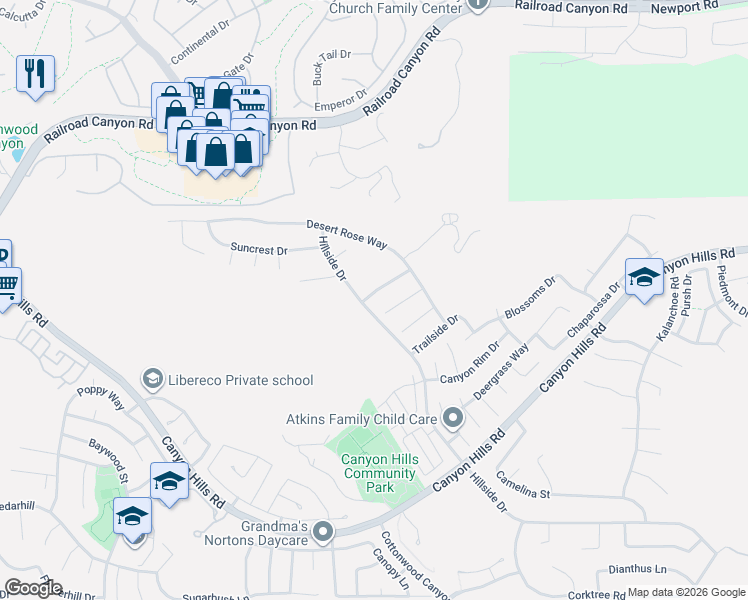 map of restaurants, bars, coffee shops, grocery stores, and more near 35413 Saddle Hill Road in Lake Elsinore