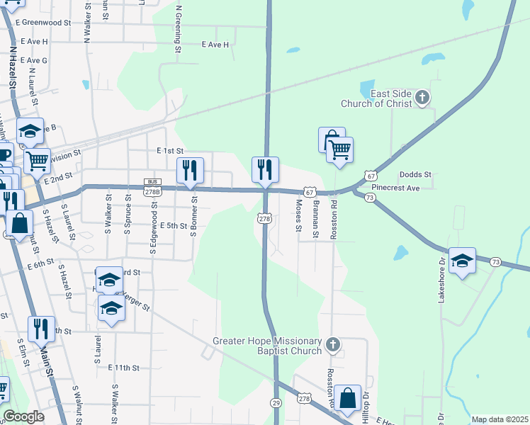 map of restaurants, bars, coffee shops, grocery stores, and more near Bill Clinton Drive in Hope