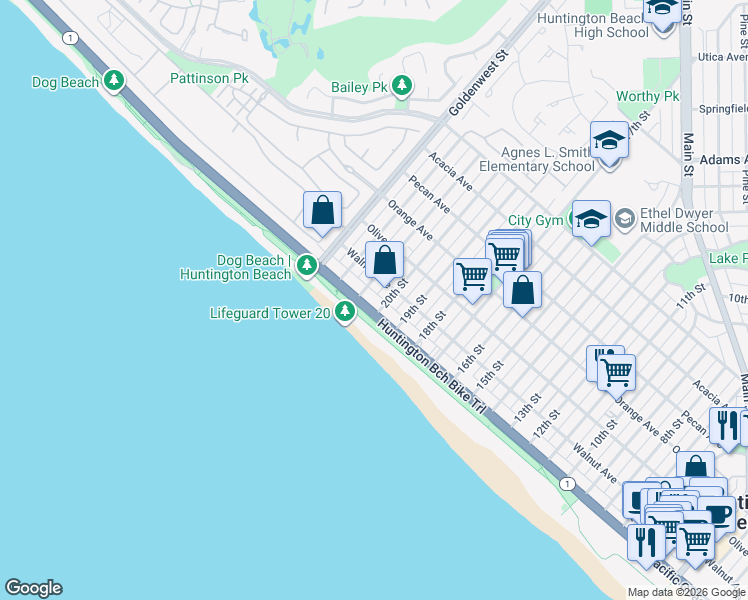 map of restaurants, bars, coffee shops, grocery stores, and more near 2000 Pacific Coast Highway in Huntington Beach